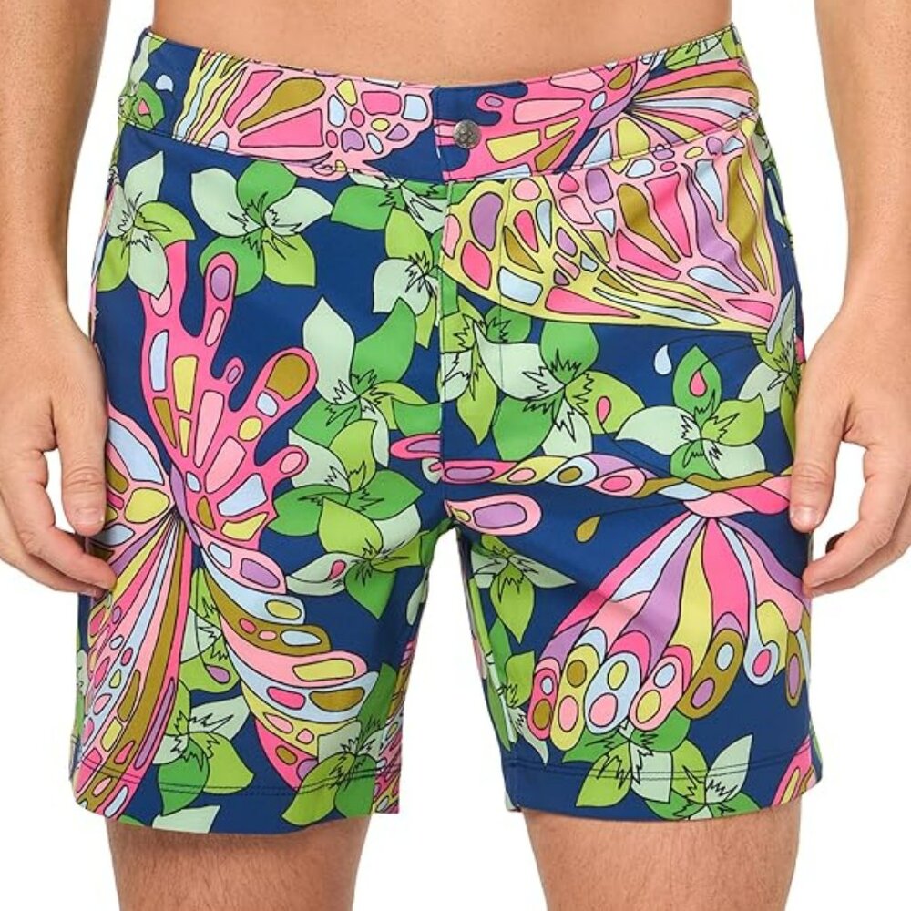 Navy Floral & Pink Butterfly Men's Swim Board Shorts